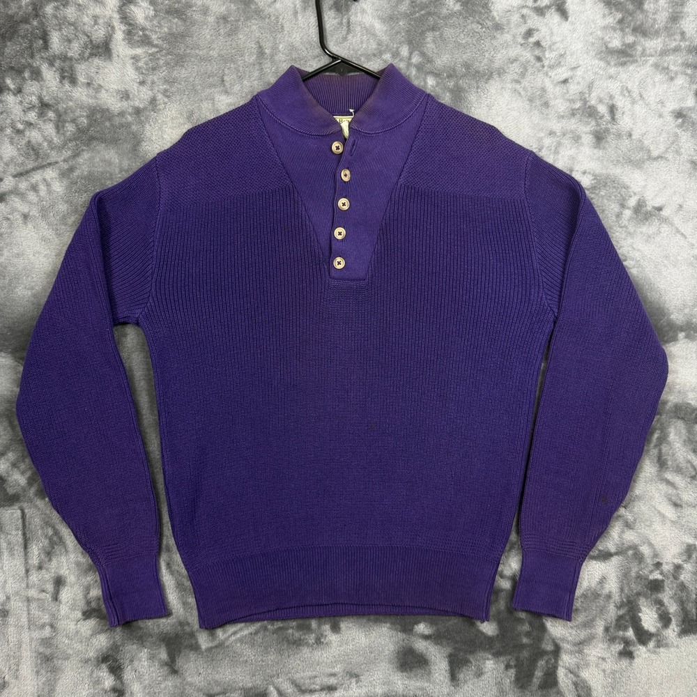 L.L. Bean Henley Sweater Mens Medium Purple Cotton Ribbed Mock Neck USA Made